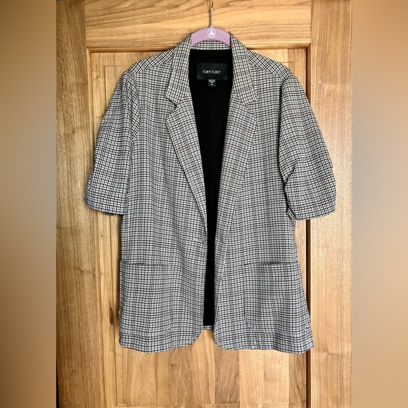 EUC KAREN KANE Ruched Sleeve Houndstooth Plaid Blazer W/ Stretch M Cream/Multi - Picture 5 of 14
